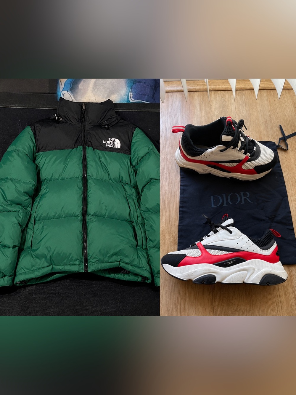 Dior Men’s Red, White & Black and The North Face 700 puffer jacket